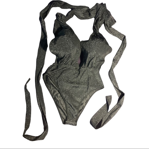 Silver black sparkle deep v plunge long tie halter bodysuit leotard top Medium - Picture 1 of 11